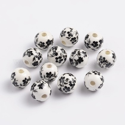 直径8mmの丸い黒色の花柄プリント磁器ビーズ 花柄のセラミックビーズ