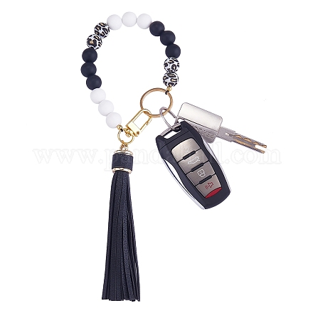 Schlüsselanhänger mit runden Perlen aus Silikon mit Quaste aus Kunstleder KEYC-SW00005-01-1