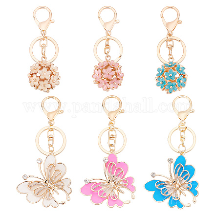 CRASPIRE 6Pcs 6 Style Butterfly Flower Keychain Pendants Keychains Enamel Alloy Key Rings Clip Accessories with Lobster Clasp for Valentine's Day Women Girls Car Bag Craft Decoration KEYC-CP0001-09-1