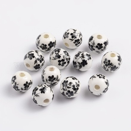 8 mm rond noir à la main de perles de porcelaine imprimé X-PORC-Q201-8mm-5-1