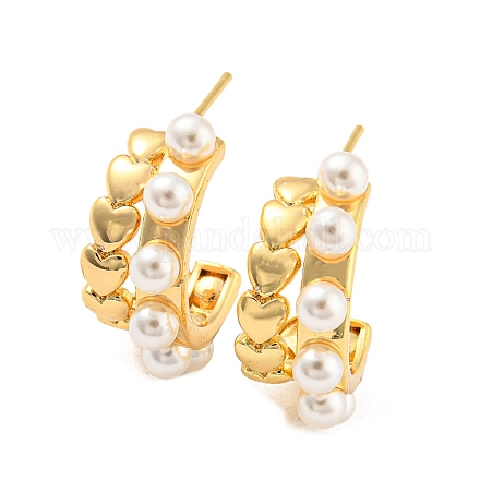 Rack Plating Brass Heart Stud Earrings with Plastic Pearl EJEW-A028-31G-1