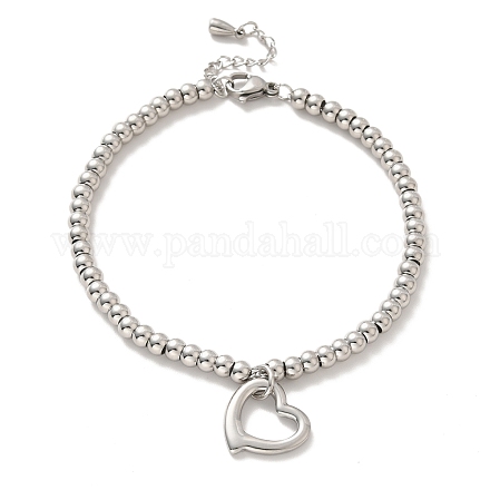 304 bracelet breloque coeur en acier inoxydable avec 201 perles rondes en acier inoxydable pour femme BJEW-B057-12P-1