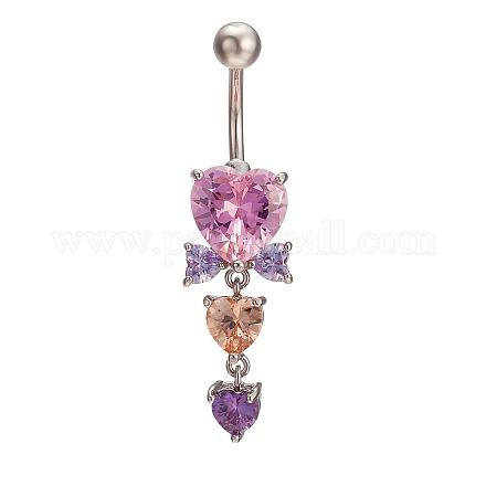 Piercing Jewelry Real Platinum Plated Brass Cubic Zirconia Heart Bowknot Navel Ring Belly Rings AJEW-EE0001-51B-1