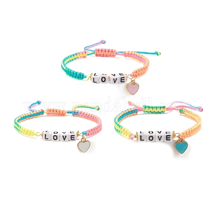 Bracelet de perles tressées word love avec breloque cœur en alliage d'émail BJEW-JB07835-1