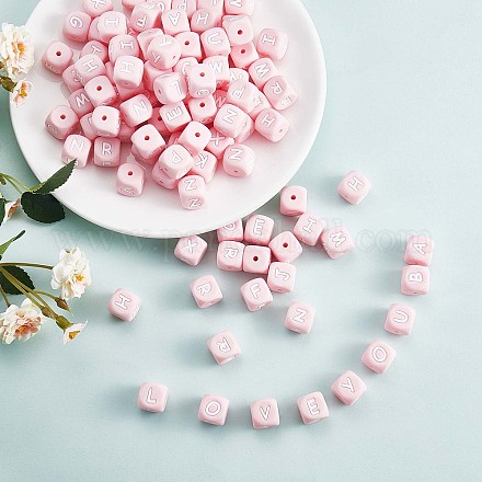 20Pcs Pink Cube Letter Silicone Beads 12x12x12mm Square Dice Alphabet Beads with 2mm Hole Spacer Loose Letter Beads for Bracelet Necklace Jewelry Making JX435S-1