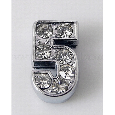 Platinum Alloy Rhinestone Number Slide Charms X-ALRI-A114-5-1