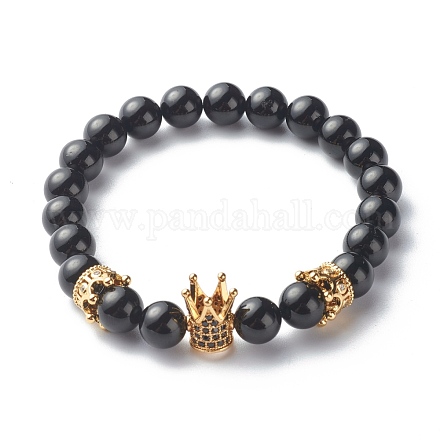 Natural Black Stone Round Beads Stretch Bracelets BJEW-JB06606-04-1