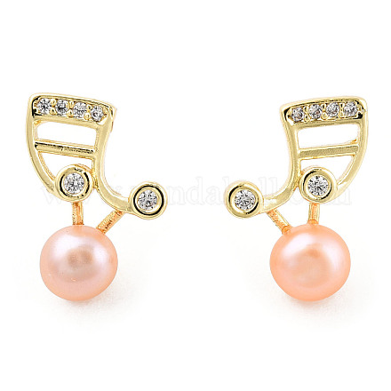 Aretes de perla rosa perla natural con nota musical y circonita cúbica EJEW-T019-05G-1