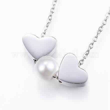 304 Stainless Steel Heart Beaded Necklaces NJEW-G287-03P-1