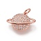 Brass Micro Pave Clear Cubic Zirconia Pendants, Long-Lasting Plated, with Jump Rings, Planet, Real Rose Gold Plated, 14.5x18x3mm, Jump Ring: 5x1mm, 3mm Inner Diameter