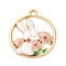 Alloy Enamel Pendants, Cadmium Free & Nickel Free & Lead Free, Rack Plating, Golden, Flat Round with Rabbit & Flower Charm, Pink, 30x26.5x2.5mm, Hole: 2.3mm