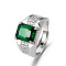 Rectangle Brass Micro Pave Cubic Zirconia Finger Rings for Men, Platinum, Dark Green, US Size 9(18.9mm)