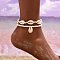 Bohemian Style Natural Cowrie Shell Charm & Glass Seed Beaded Stretch Double Layer Anklets for Women, Golden, White, 8-1/2 inch(215mm), 2pcs/set