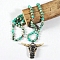 Bohemian Style Cattle Head Resin & Rhinestone Pendant Dyed Natural Imperial Jasper Round Beaded Necklaces for Women, Turquoise Color, 33.86~34.65 inch(86~88cm)