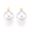 Brass & ABS Plastic Imitation Pearl Pendants, Round Charms, Long-Lasting Plated, Nickel Free, Real 18K Gold Plated, 16x11.5mm, Hole: 1.5mm