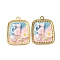 Alloy Enamel Pendants, with ABS Imitation Pearl and Resin, Rectangle with Flower and Cat Shape Charms, Rack Plating, Light Gold, Pink, 30x22x4.5mm, Hole: 1.8mm