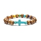 Bracelet extensible en perles de bois naturel et croix turquoise synthétique (teinte) pour femmes BJEW-JB09150-2
