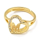Сердце с буквой стойка покрытие латунь микро паве кубический цирконий регулируемые кольца для женщин RJEW-I105-06G-M-2