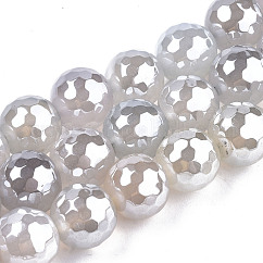 Electroplate cuentas de ágata natural de hebras, teñido, facetados, lustre de la perla chapado, redondo, blanco cremoso, 10.5mm, agujero: 1.2 mm, aproximamente 36~37 pcs / cadena, 14.37 pulgada ~ 14.57 pulgadas (36.5 cm ~ 37 cm)