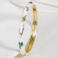 Brazaletes vintage con bisagras de aleación de zinc para mujer, patrón floral, con esmalte y rhinestone, blanco
