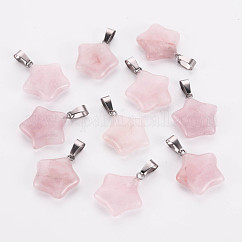 Ciondoli stelle quarzo rosa naturale, con i risultati in ottone tono platino, 22~23x20~24x5~7mm, Foro: 2x7 mm