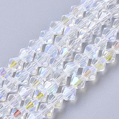 Abalorios de vidrio electroplate hebras, Color ab medio plateado, facetados, bicono, claro ab, 4x4mm, agujero: 0.8~1 mm, aproximamente 75~78 pcs / cadena, 28~29 cm