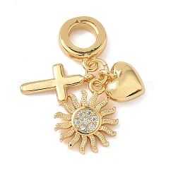 Ciondoli pendenti europei in ottone con micro pavé di zirconi chiari, ciondoli a forma di croce con foro grande, vero placcato oro 18k, sole, 27mm, Foro: 4.8 mm