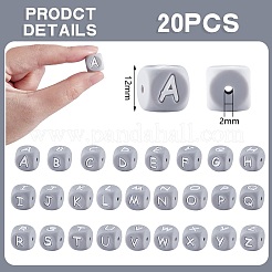 20 pièces gris cube lettre silicone perles 12x12x12mm dés carrés alphabet perles avec 2mm trou entretoise lâche lettre perles pour bracelet collier fabrication de bijoux&nbsp;JX436Y