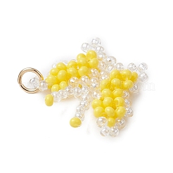 ガラスシードビーズの蝶のペンダント  304ステンレススチール製ジャンプリング付き  きいろ  18x22.5x4.5mm  穴：3.5mm&nbsp;PALLOY-MZ00473-03