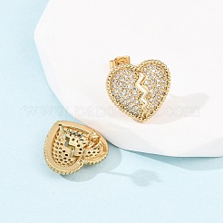 Серьги-гвоздики с разбитым сердцем из латуни с микропаве из кубических цирконий&nbsp;EJEW-B153-19G-03