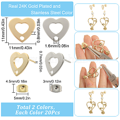 40 шт. 2-цветная фурнитура для сережек-гвоздиков из нержавеющей стали 201 в форме сердца STAS-SC0005-30