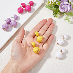 4 пара 4-х цветных круглых сережек-гвоздиков из рафии с железными штифтами для женщин&nbsp;EJEW-FI0002-27