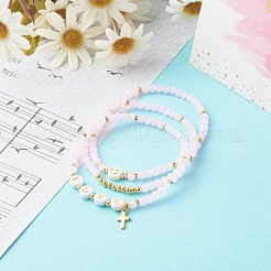ガラスビーズストレッチブレスレットセット  アクリル＆真鍮ビーズ付き  304ステンレススチールクロスチャーム  愛  ミックスカラー  内径：2-1/4インチ（5.7cm）  3個/セット&nbsp;BJEW-JB06575