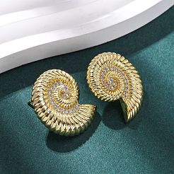 Серьги-гвоздики из латуни с микропаве из прозрачных кубических цирконий в форме ракушки EJEW-H165-07G