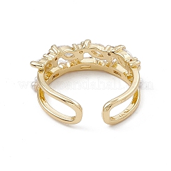 Открытое кольцо-манжета из прозрачного кубического циркония с конским глазом и пластиковым жемчугом RJEW-G276-12G