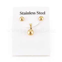 304ステンレススチールジュエリーセット  丸玉スタッドピアスとペンダント  耳ナッツ  ゴールドカラー  10mm  穴：5mm  17mm  ピン：1mm&nbsp;X-SJEW-G075-01G-01