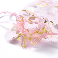 オーガンジー巾着ジュエリーポーチ  結婚披露宴のギフトバッグ  金箔押しハート柄の四角形  ピンク  15x10x0.11cm&nbsp;OP-I001-B04