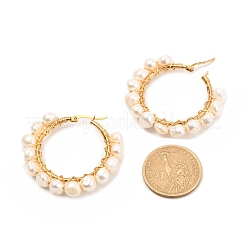 女の子の女性のためのリングナチュラルパールビーズフープピアス  ホワイトスモーク  42x46x7mm  ピン：0.6mm&nbsp;EJEW-JE04685-03