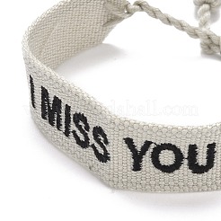 Word i miss you ポリコットン（ポリエステル綿）編み込みブレスレット タッセルチャーム付き  カップルのための平らな調節可能な広いリストバンド  アンティークホワイト  内径：2~3-1/8インチ（5~8cm）&nbsp;BJEW-F429-10
