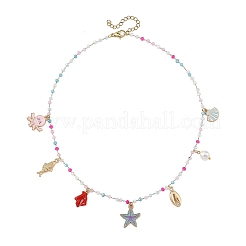 海洋合金エナメルヒトデタコ魚マルチペンダントネックレス  304ステンレススチールとガラスビーズのチェーンネックレス  カラフル  ゴールドカラー  15.94インチ（40.5cm）&nbsp;NJEW-JN06510
