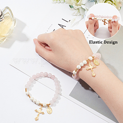 Эластичный круглый браслет из натурального розового кварца и синтетической бирюзы с бусинами BJEW-PH01531-01