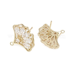 Фурнитура для сережек-гвоздиков из латуни с микропаве из прозрачных кубических цирконий в форме листьев гинкго&nbsp;X-KK-F921-07G