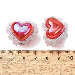 Rwsin & abs イミテーションパール＆ポリマークレイビーズ  ハートとバラの花  レッド  22.5~24x27~29x23~24mm  穴：2~3mm&nbsp;RE-CBA1913-01F