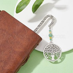 Подвески-закладки из натурального малайзийского нефрита и зеленого авантюрина со сплавом «Древо жизни» AJEW-JK00255-04