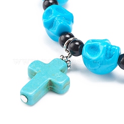 Bracelet extensible en perles de crâne de jade mashan naturel avec breloque croisée en turquoise synthétique (teinte)&nbsp;BJEW-JB08378-04