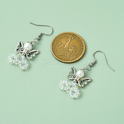 ガラスダングルピアス  合金ビーズと304ステンレススチールのピアスフック付き  天使  透明  44~45x18mm&nbsp;EJEW-MZ00319-05