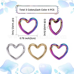 12個3色304ステンレススチールリンクリング  ツイストハート  ミックスカラー  17x20x2mm  内径：9x15mm  4個/カラー&nbsp;STAS-SZ0002-92