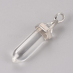 ガラスの尖ったペンダント  真鍮パーツ  弾丸  プラチナ  透明  40x13x10mm  穴：4x5mm&nbsp;GLAA-WH0016-10