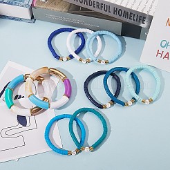 10個10スタイル手作りポリマークレイヘイシビーズストレッチブレスレットハート付き  女性のためのアクリル分厚いカーブチューブブレスレット  ブルー  内径：2-1/8インチ（5.5cm）&nbsp;BJEW-SW00036-03