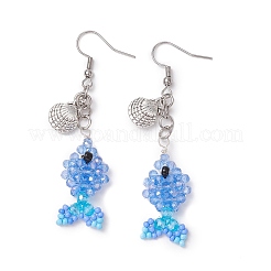 Серьги-подвески из нержавеющей стали 304 в форме рыбы с ракушкой&nbsp;EJEW-MZ00436-04